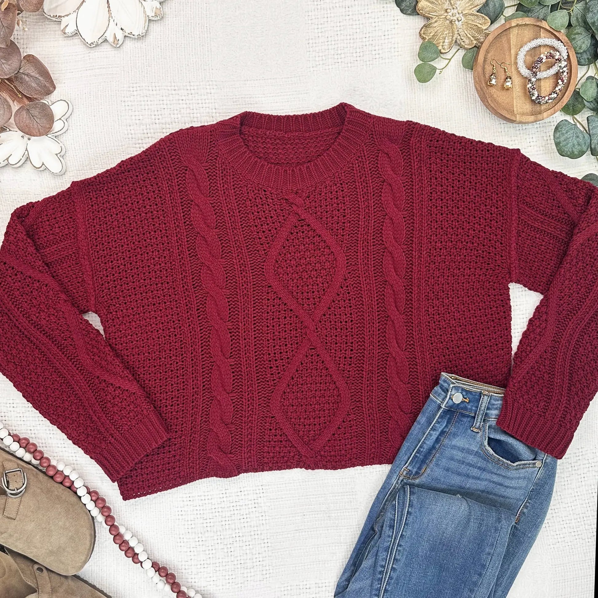 IN STOCK Cable Knit Sweater - Cranberry by Michelle Mae