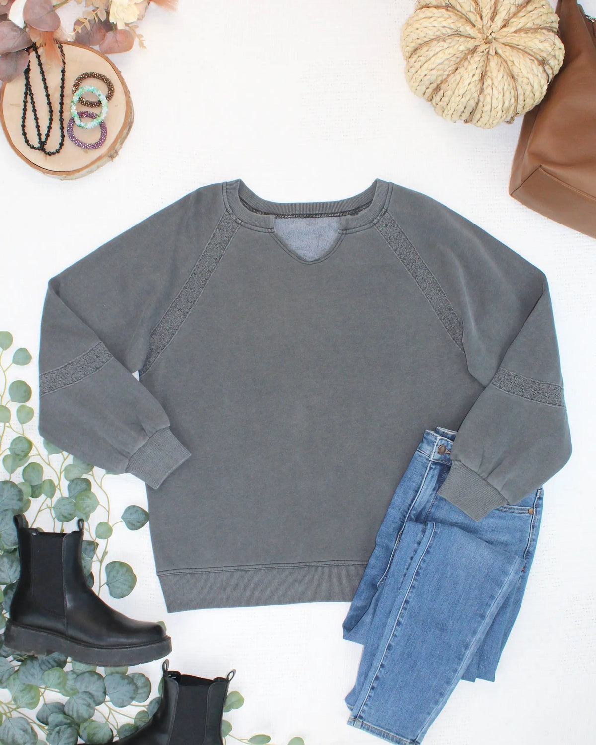 IN STOCK Lace Accent Vintage Wash Pullover - Black by Michelle Mae