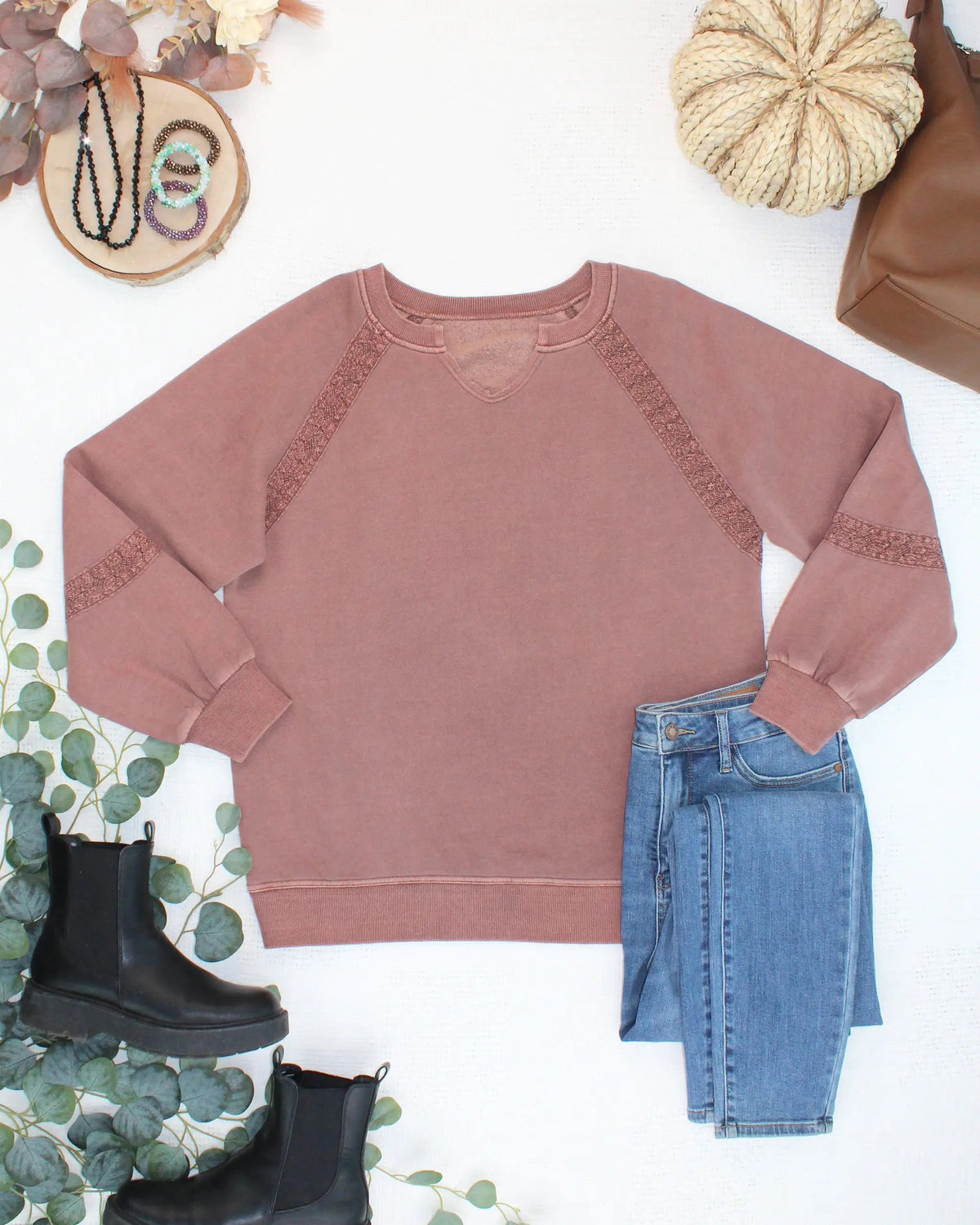 IN STOCK Lace Accent Vintage Wash Pullover - Brown by Michelle Mae