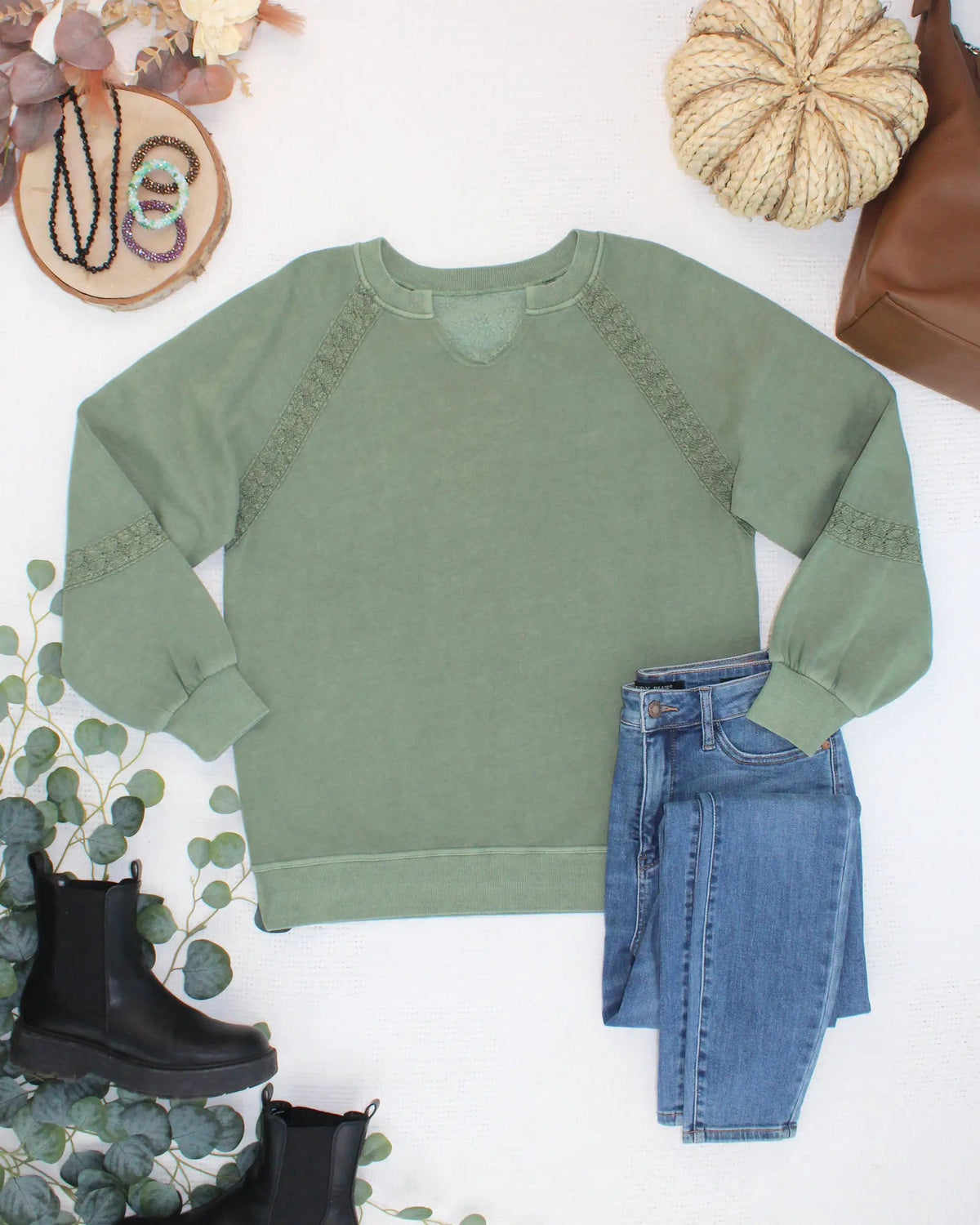 IN STOCK Lace Accent Vintage Wash Pullover - Olive by Michelle Mae