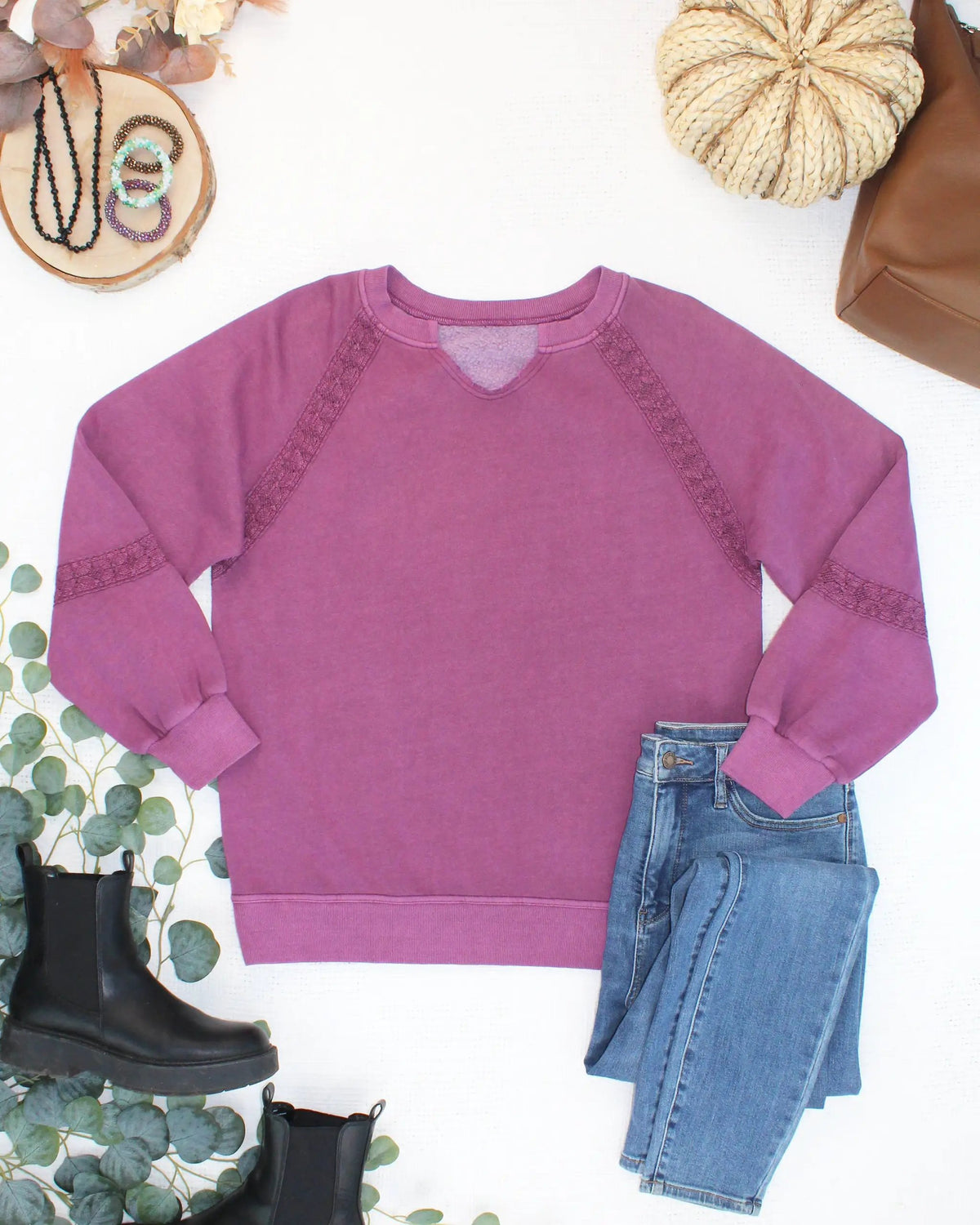 IN STOCK Lace Accent Vintage Wash Pullover - Purple by Michelle Mae