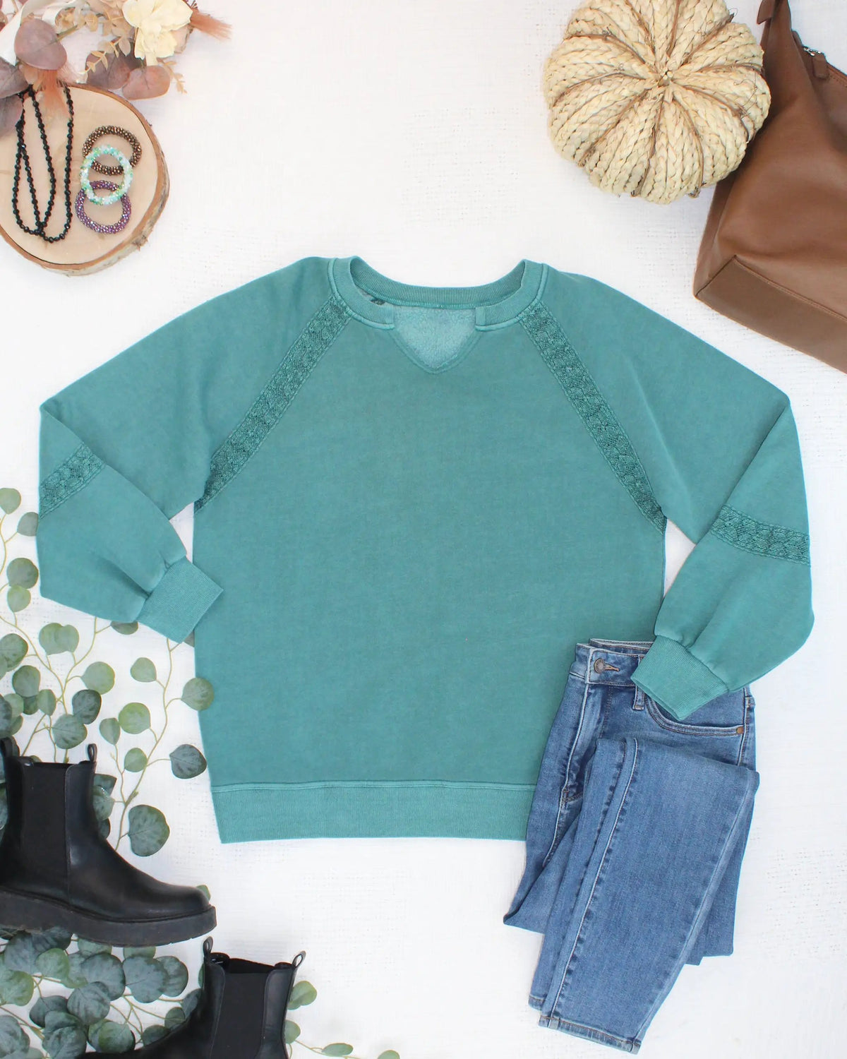 IN STOCK Lace Accent Vintage Wash Pullover - Teal by Michelle Mae