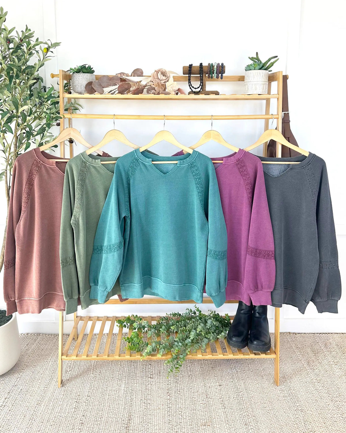 IN STOCK Lace Accent Vintage Wash Pullover - Brown by Michelle Mae