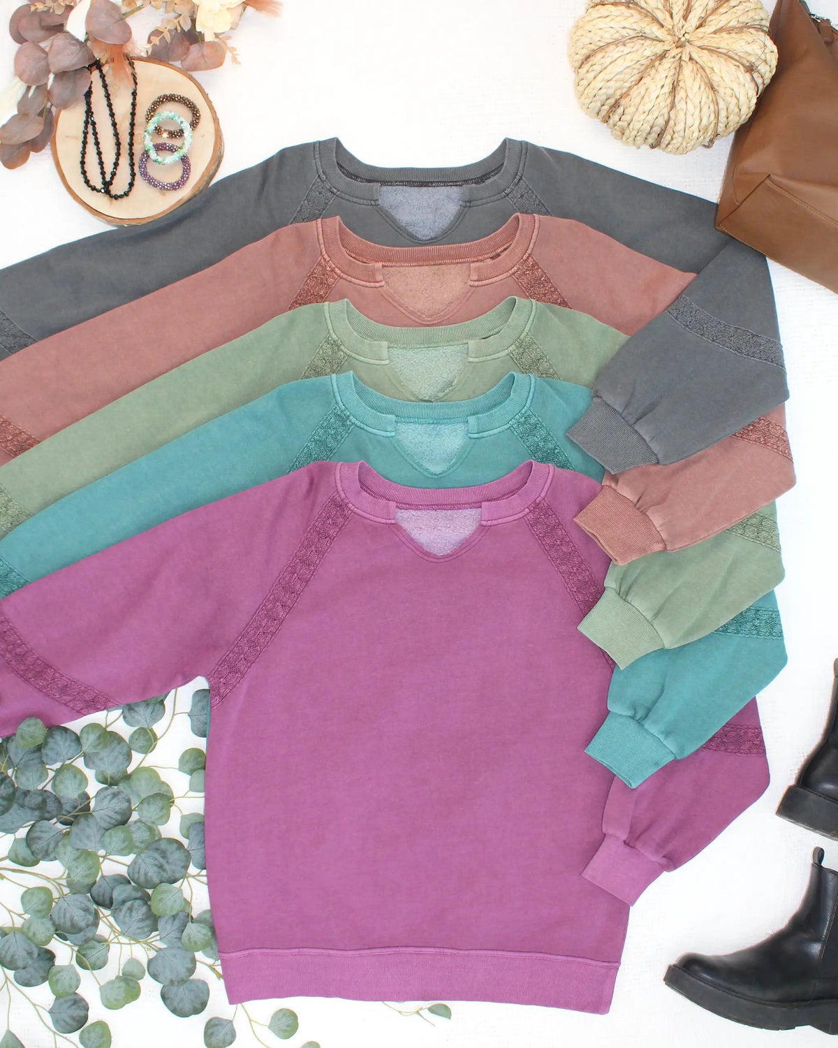 IN STOCK Lace Accent Vintage Wash Pullover - Olive by Michelle Mae