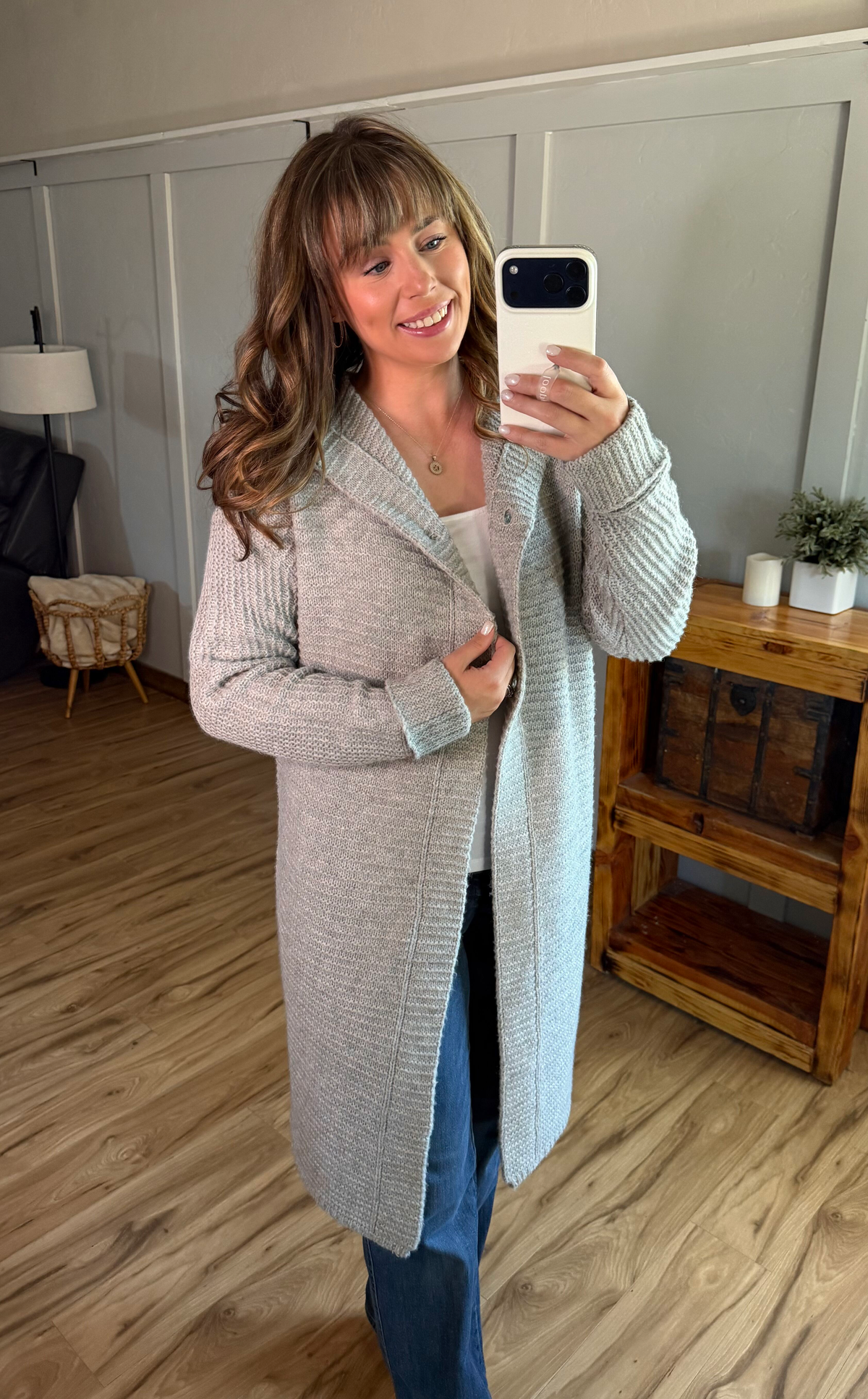 Lillian Long Hooded Cardigan Women Grey Two Button Front Sweater