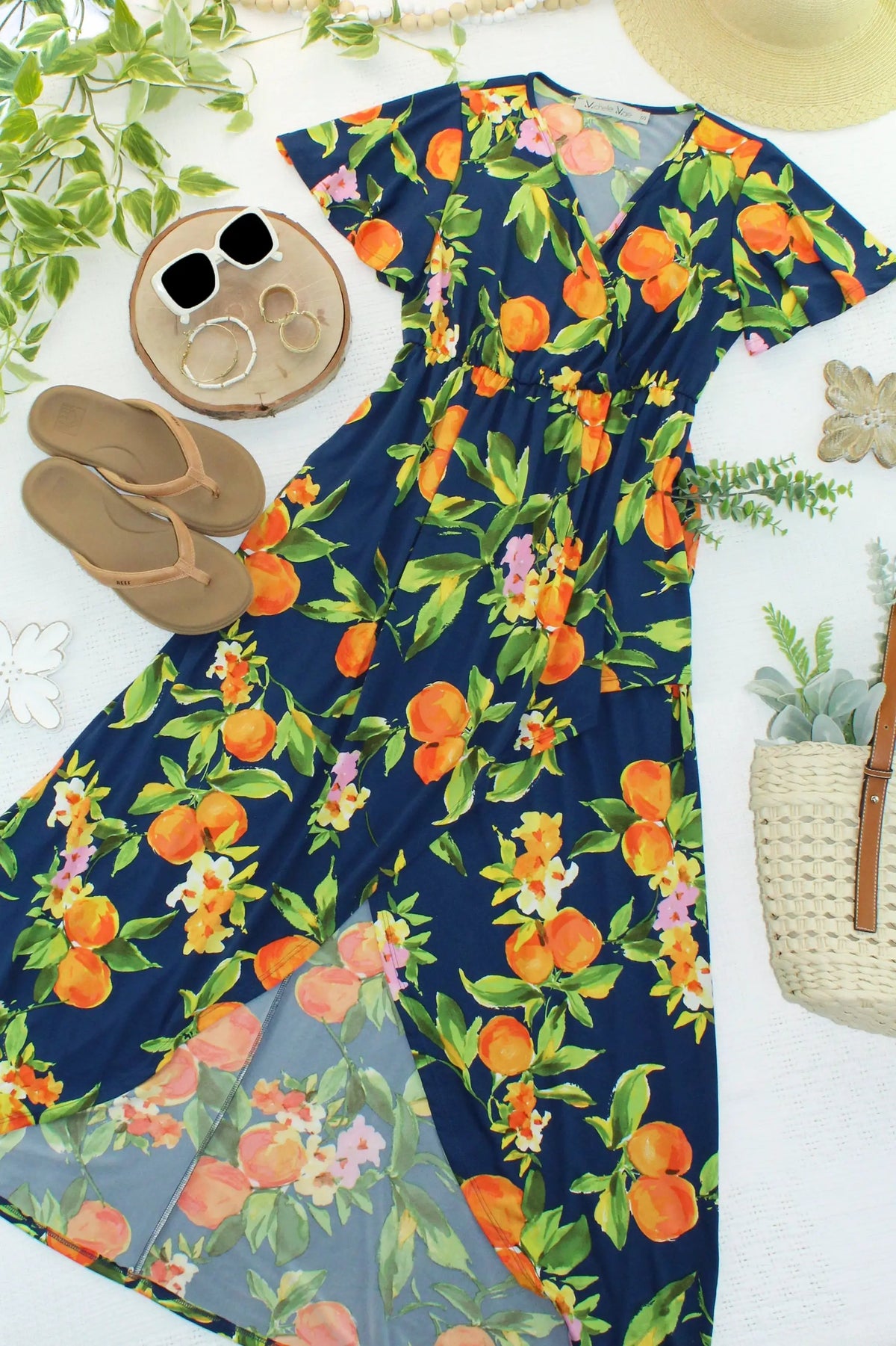 Harley Navy Citrus High Low Dress With Crossover Neckline And Pockets by Michelle Mae