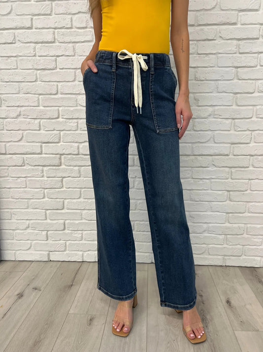 Melanie High Rise Drawstring Wide Leg Jeans by Judy Blue