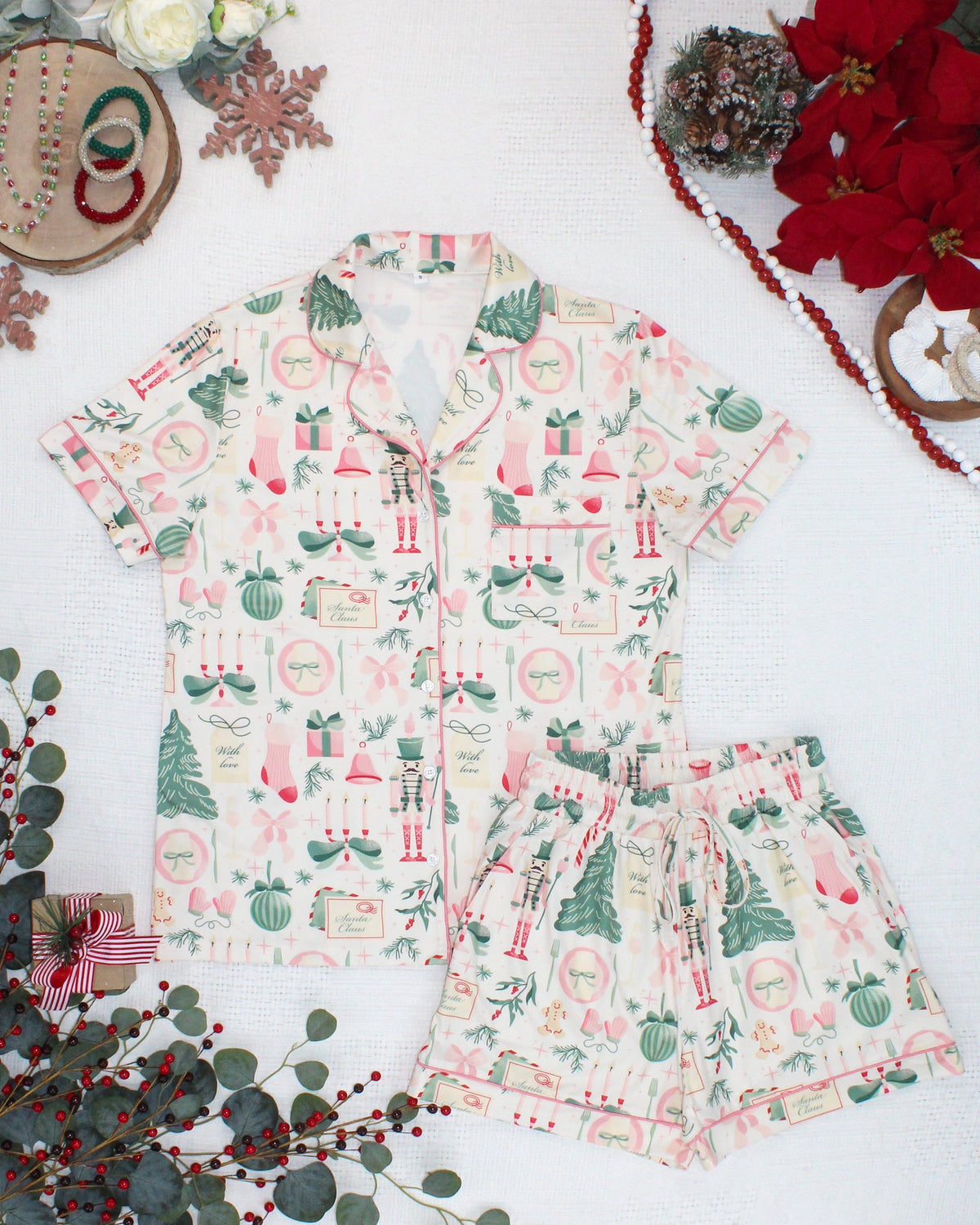 IN STOCK Brooke Top and Shorts Pajama Set - Pink Pine Noel by Michelle Mae