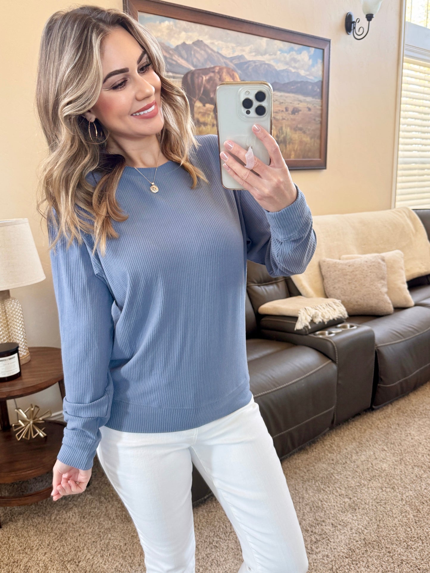 IN STOCK Corrine Ribbed Pullover Top - Denim