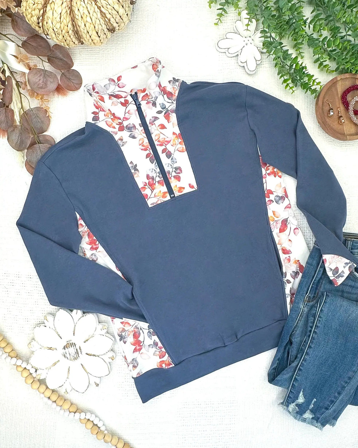 IN STOCK Rowan Zip Pullover - Slate Blue and Autumn Watercolor by Michelle Mae
