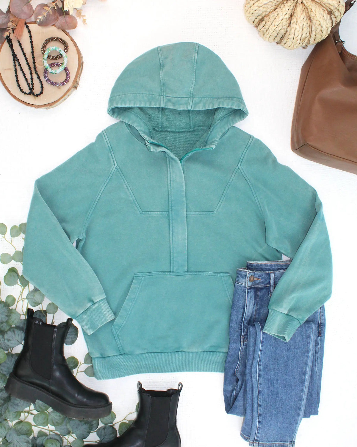 Ryker Vintage Wash Hoodie Teal Cotton Hidden Zipper Kangaroo