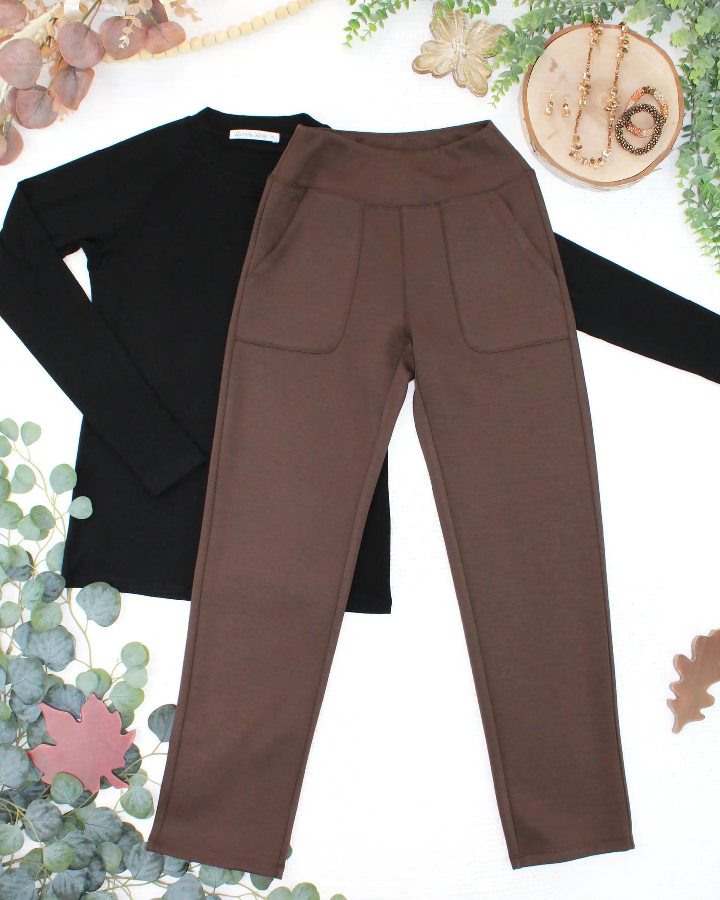 Luxe Scuba Pull On Ankle Bottoms With Front Pockets Brown