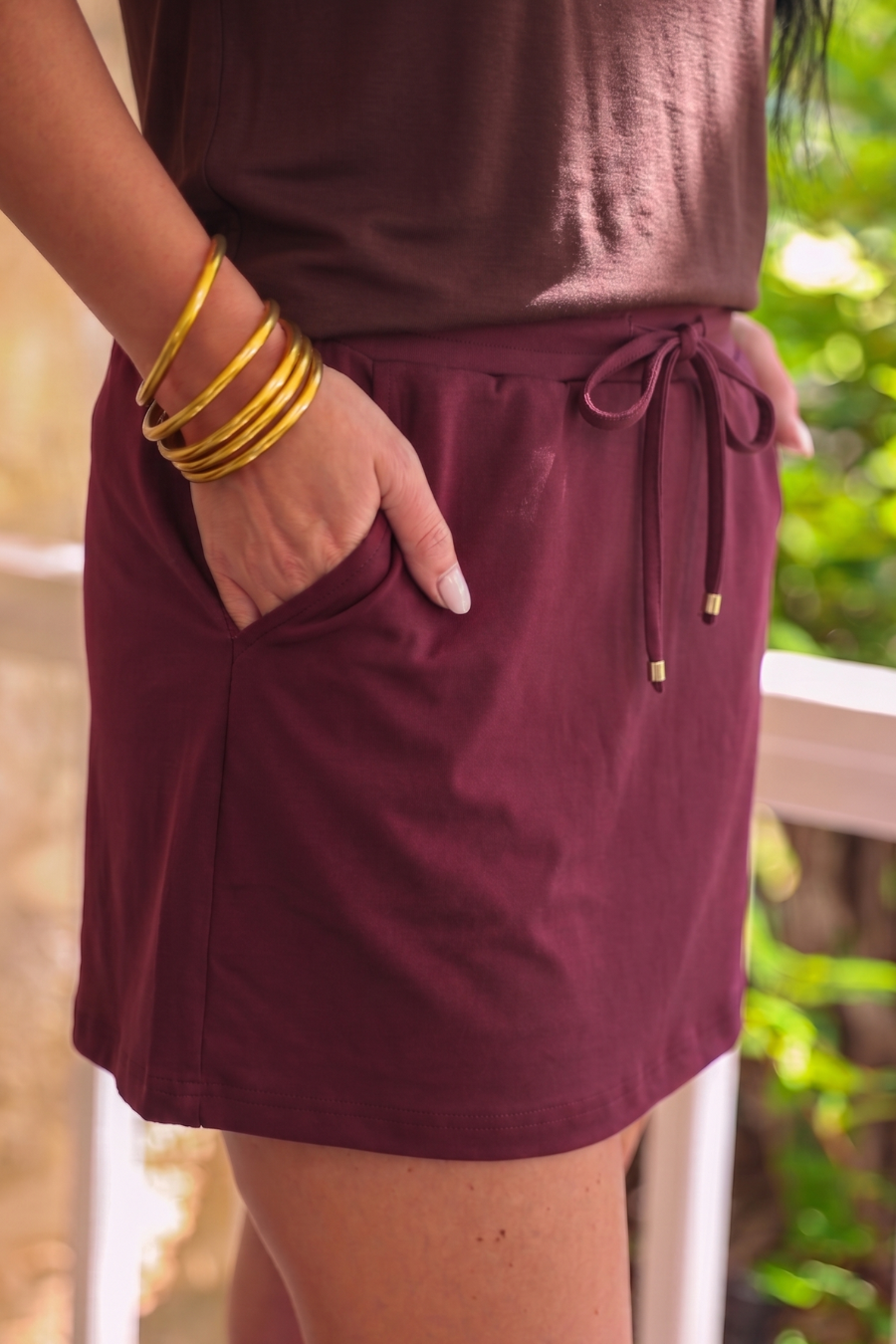 Preorder Solid Burgundy Skort With Side Pockets And Built In Shorts Drawstring