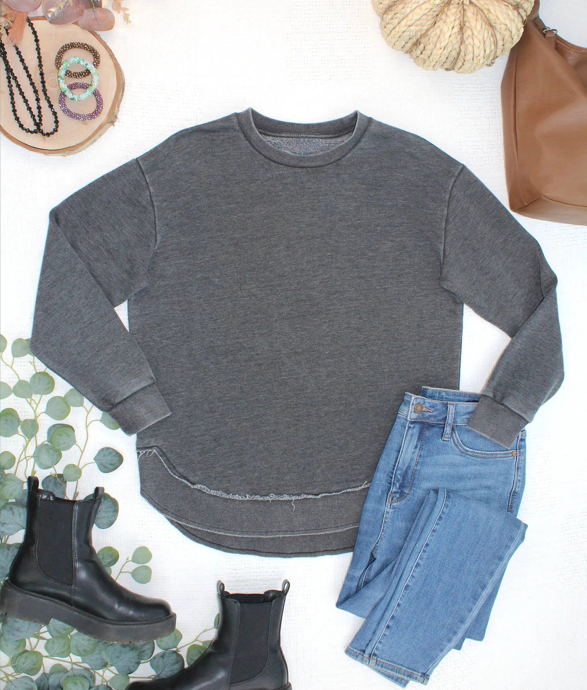 Vintage Wash Crew Neck Pullover Cotton Blend Cozy Top Black