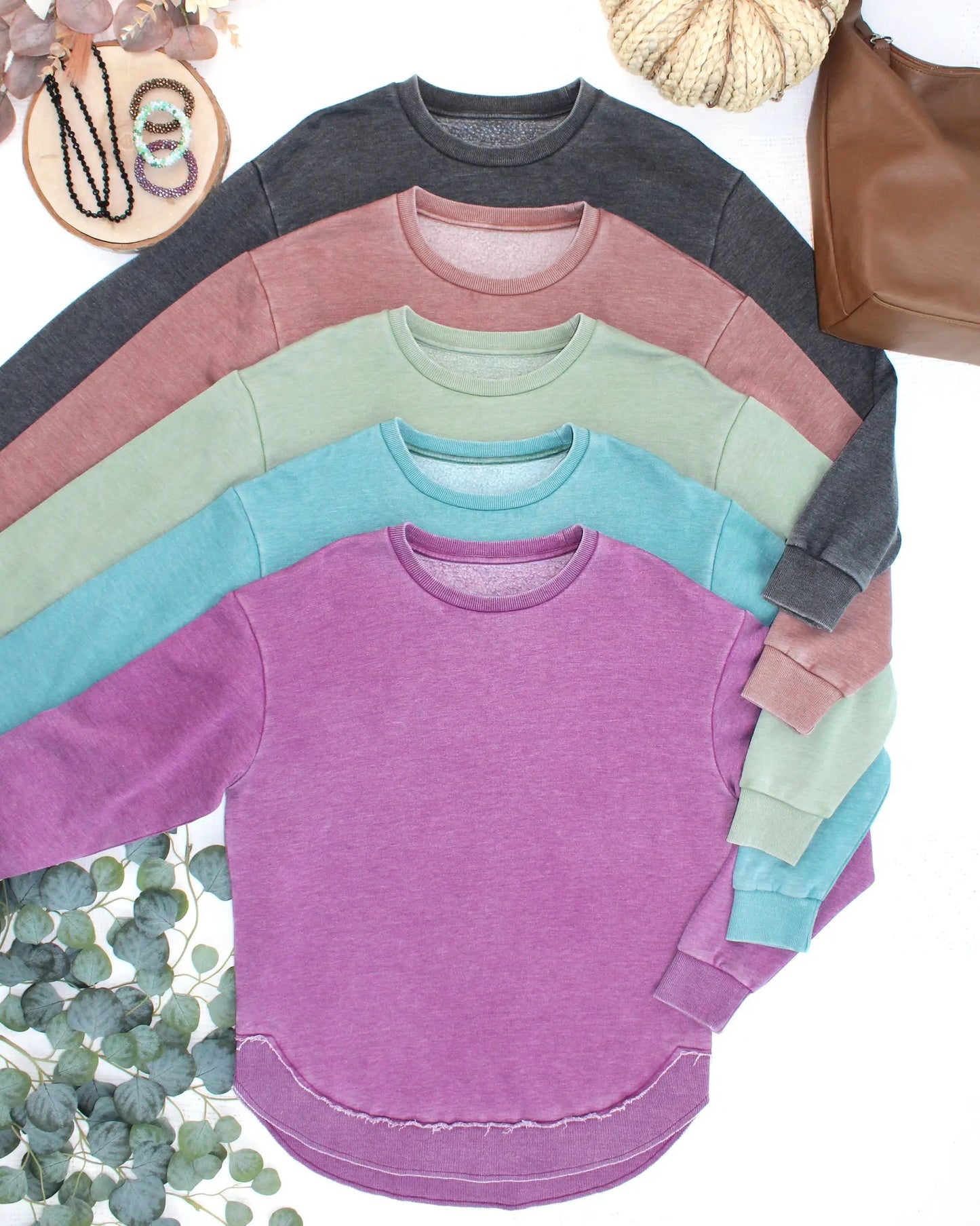 Vintage Wash Crew Neck Pullover Cotton Blend Cozy Top Black
