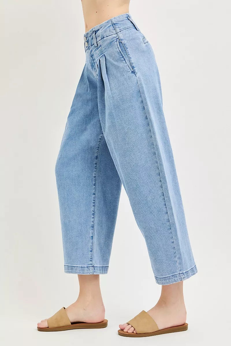 RISEN Slouchy Crop Barrel Pleated Jeans by Trendsi