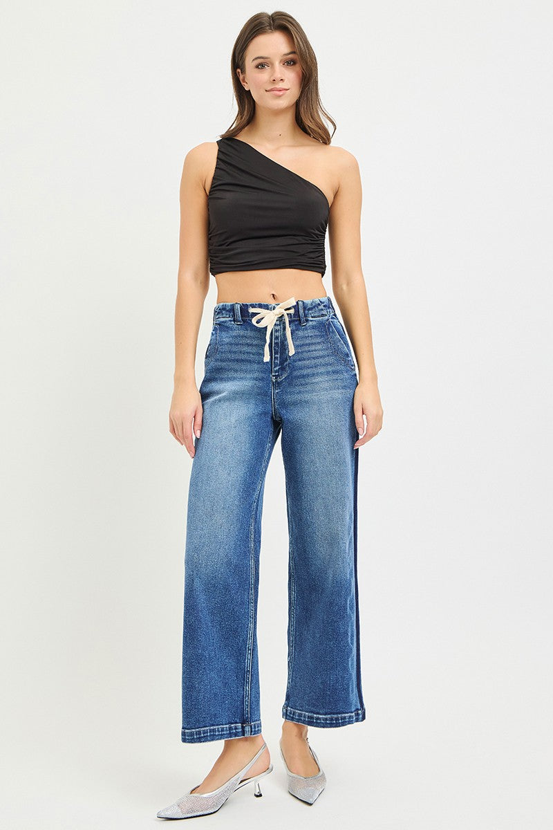 RISEN Elastic Band High Rise Cropped Wide Jeans by Trendsi