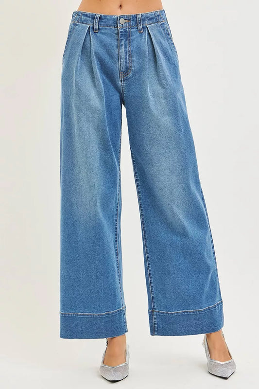 RISEN Slouchy Wide Leg Jeans With Pleats by Trendsi