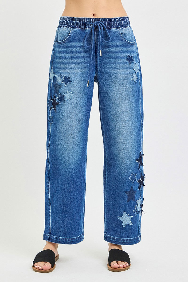 RISEN Elastic Band Slouchy Cropped Barrel with Star Patch by Trendsi