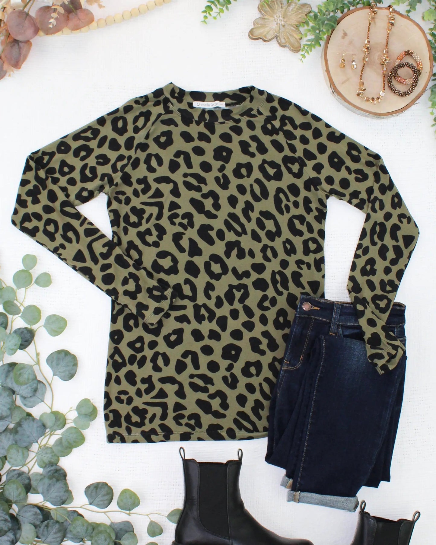 Women Olive Animal Print Long Sleeve Top Fitted High Neck Shirt by Michelle Mae