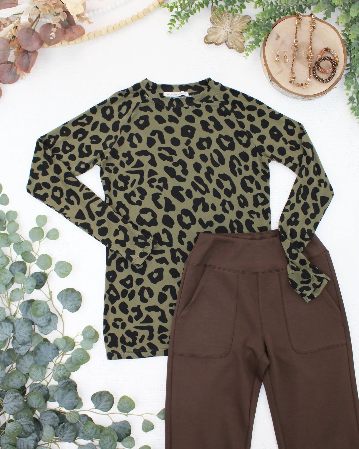 Women Olive Animal Print Long Sleeve Top Fitted High Neck Shirt by Michelle Mae
