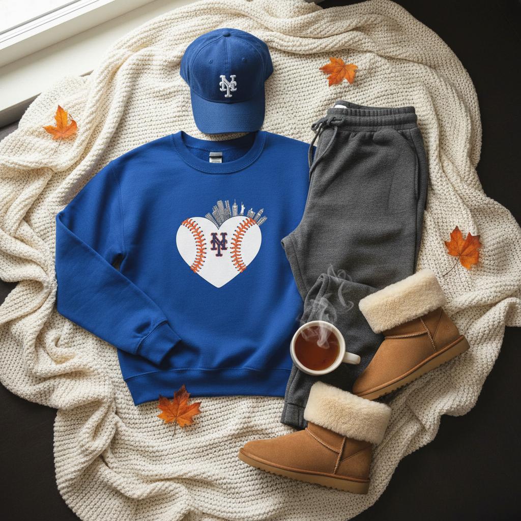 NY Mets Heart Sweatshirt – NYC Skyline Design by Knitted Grace by Knitted Grace Boutique