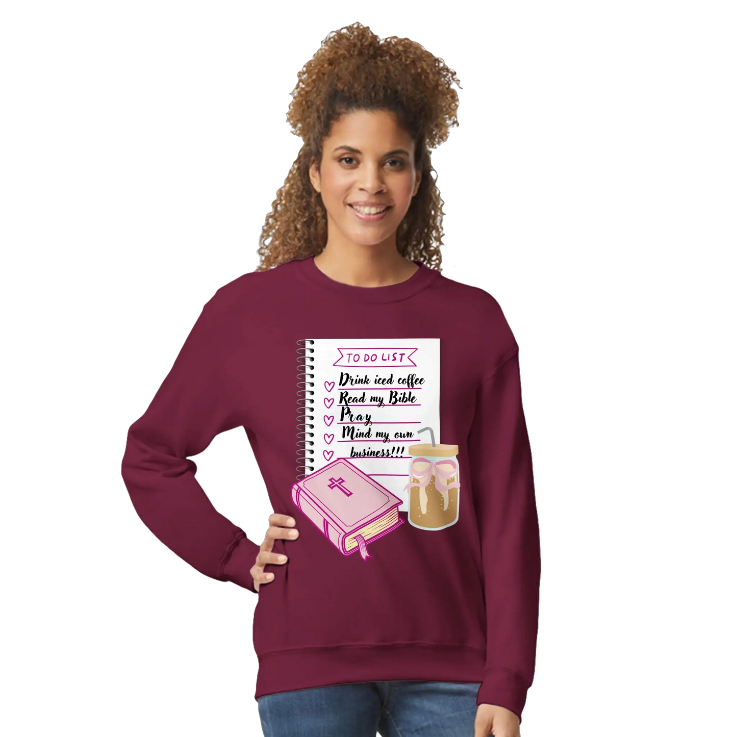 Bible & Iced Coffee Classic Unisex Crewneck Sweatshirt | Gildan® 18000 Maroon by Knitted Grace Boutique