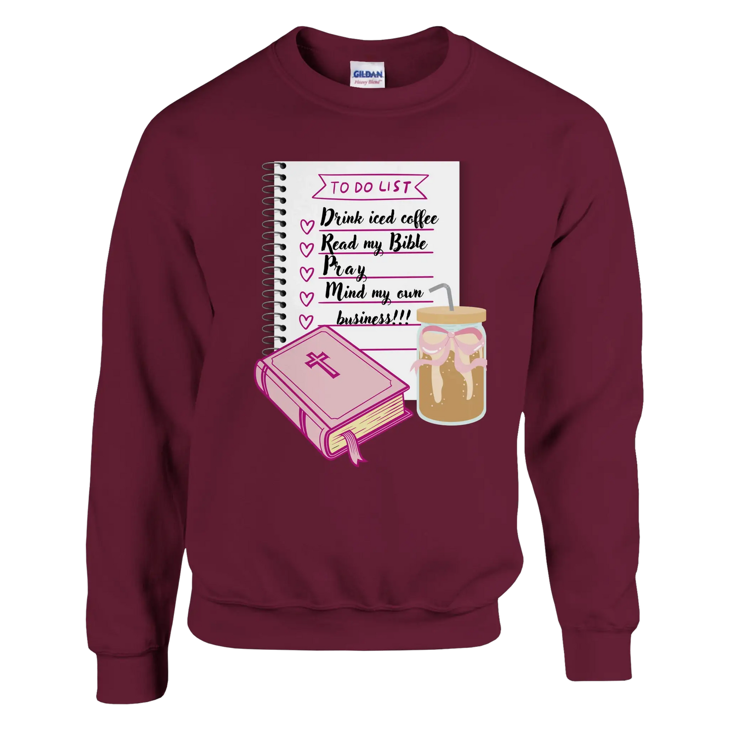 Bible & Iced Coffee Classic Unisex Crewneck Sweatshirt | Gildan® 18000 Maroon by Knitted Grace Boutique