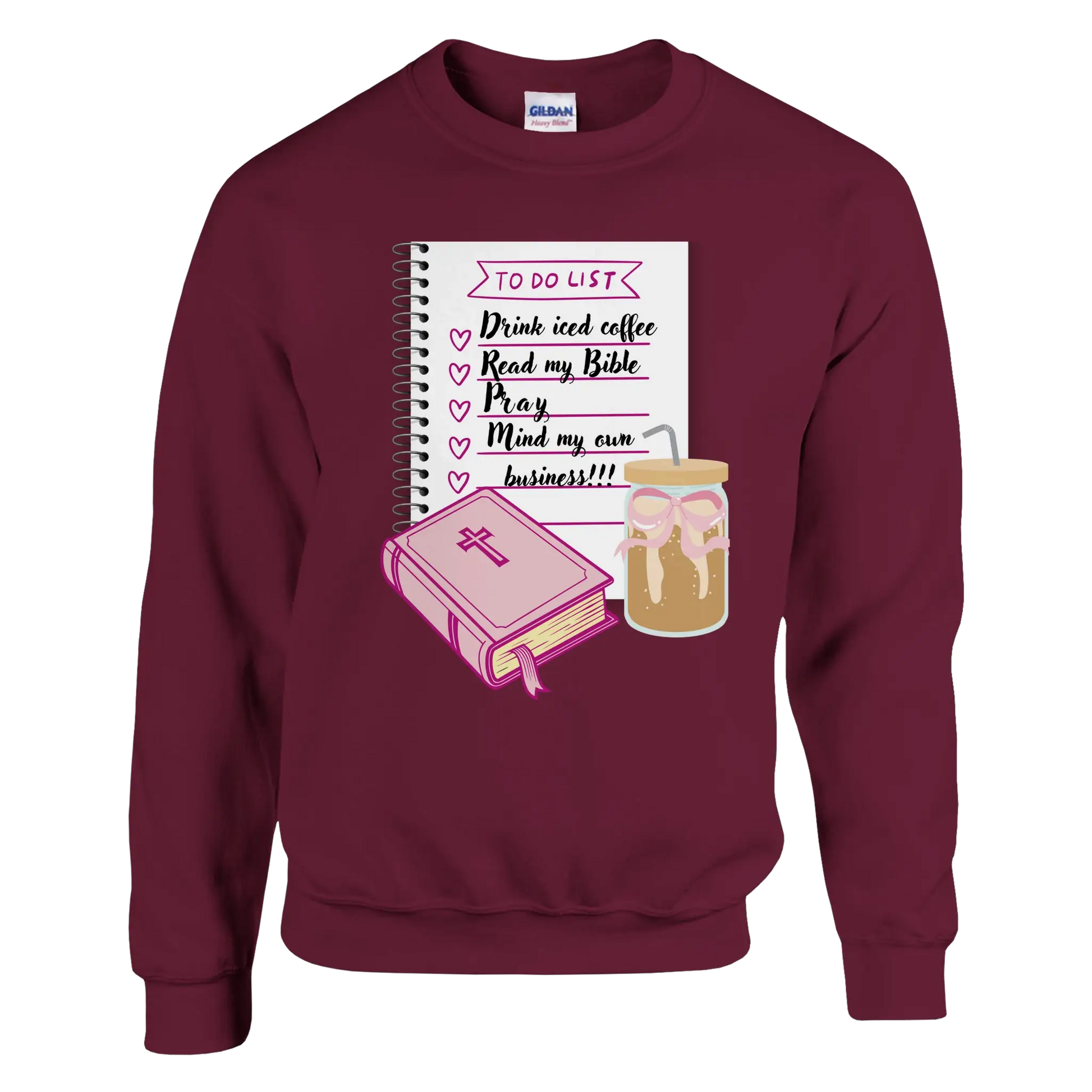 Bible & Iced Coffee Classic Unisex Crewneck Sweatshirt | Gildan® 18000 Maroon by Knitted Grace Boutique