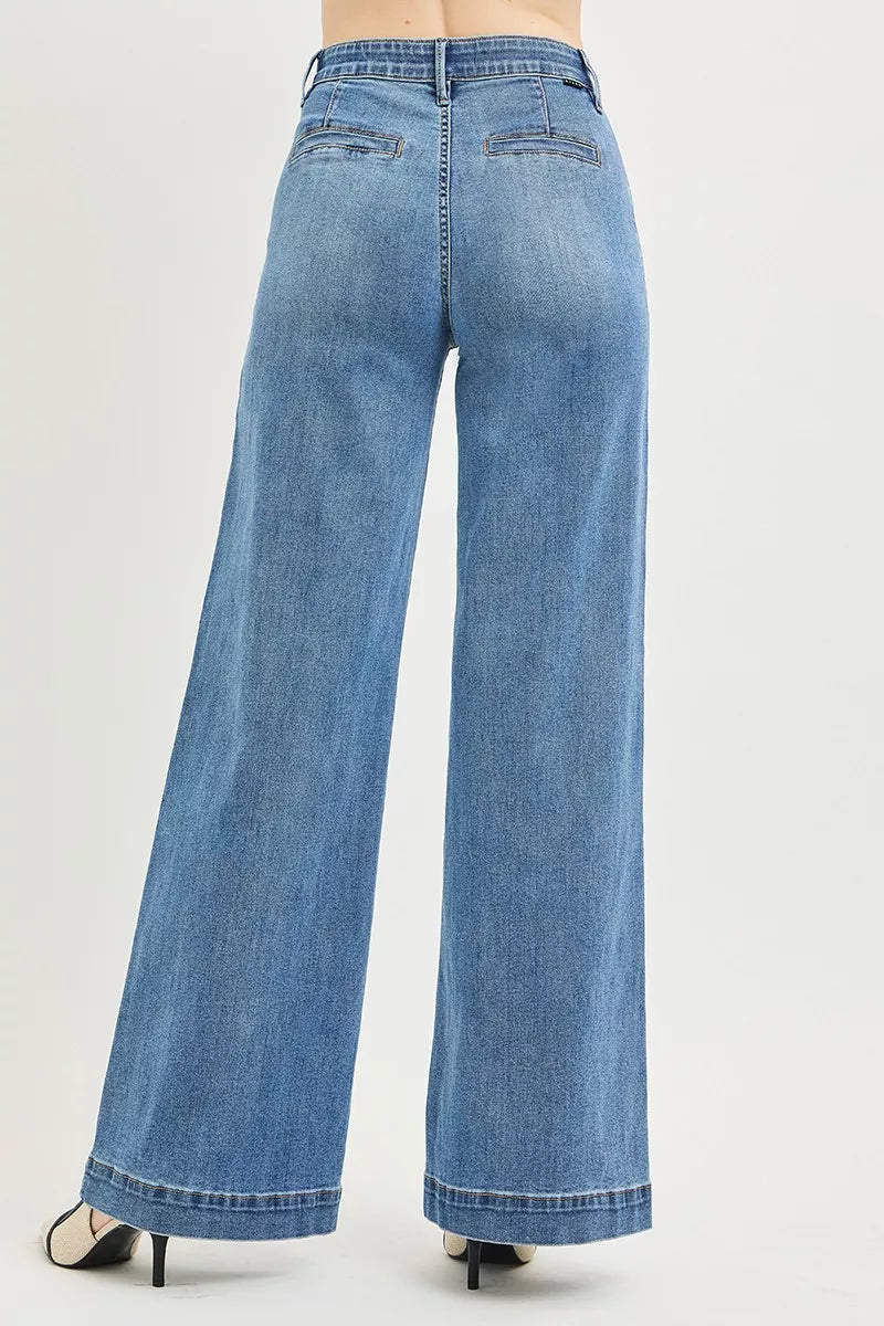 RISEN Tummy Control Elastic Band High Rise Wide Jeans by Trendsi