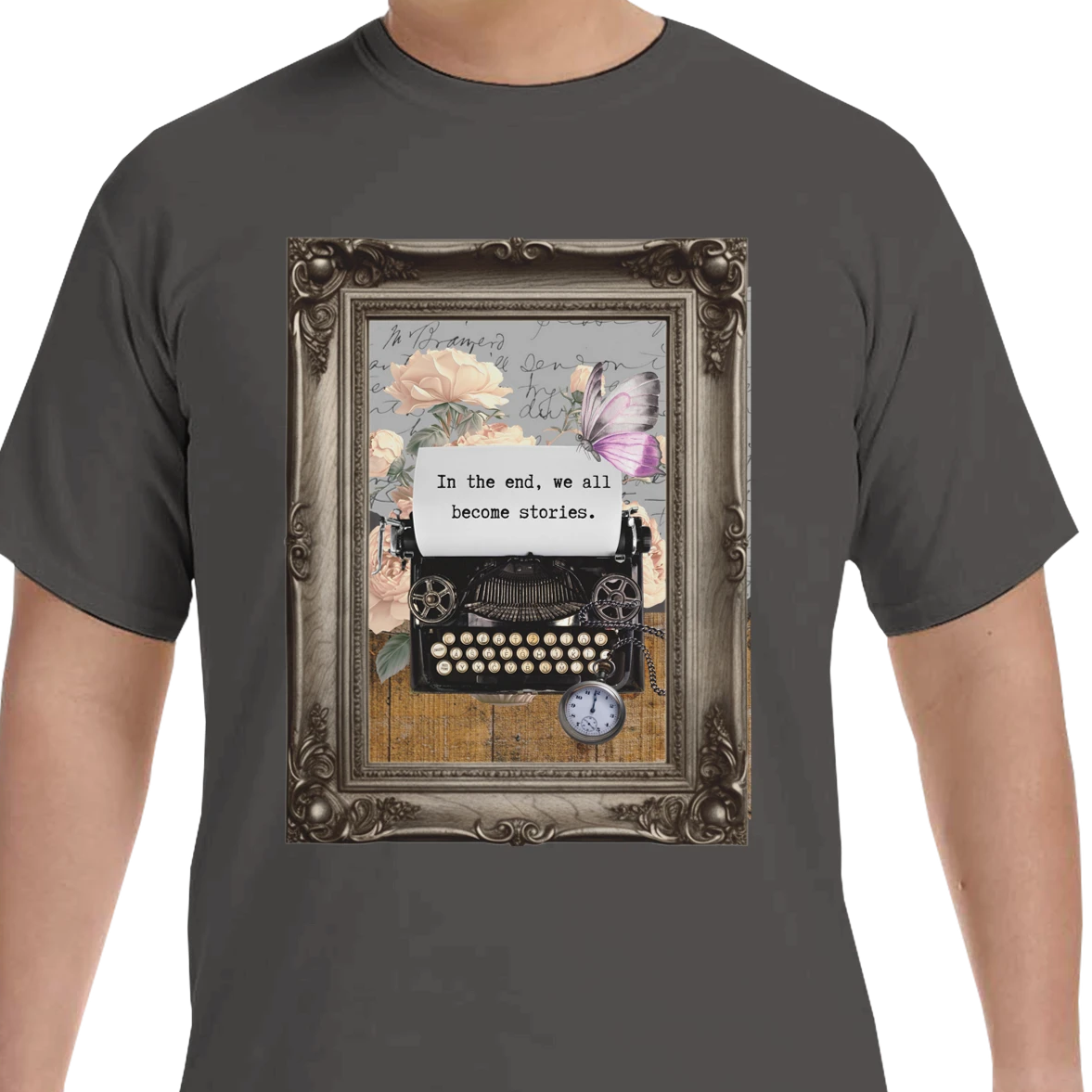 In the End, We All Become Stories on a Unisex Heavyweight Crewneck T-Shirt | Comfort Colors C1717 pepper by Knitted Grace Boutique