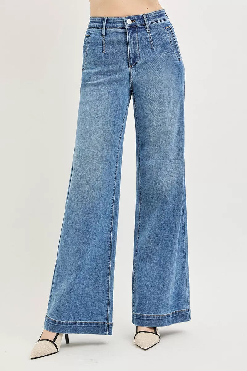 RISEN Tummy Control Elastic Band High Rise Wide Jeans by Trendsi