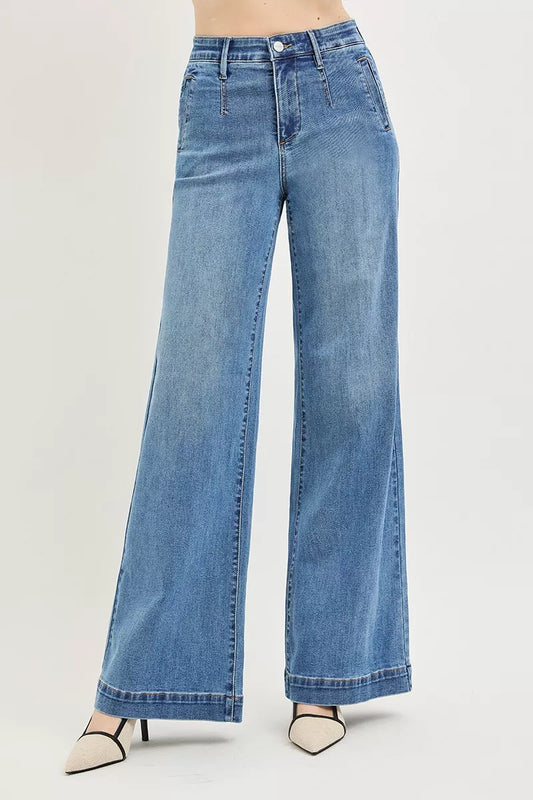 RISEN Tummy Control Elastic Band High Rise Wide Jeans by Trendsi