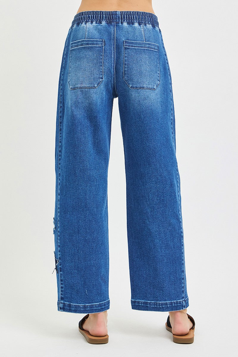 RISEN Elastic Band Slouchy Cropped Barrel with Star Patch by Trendsi