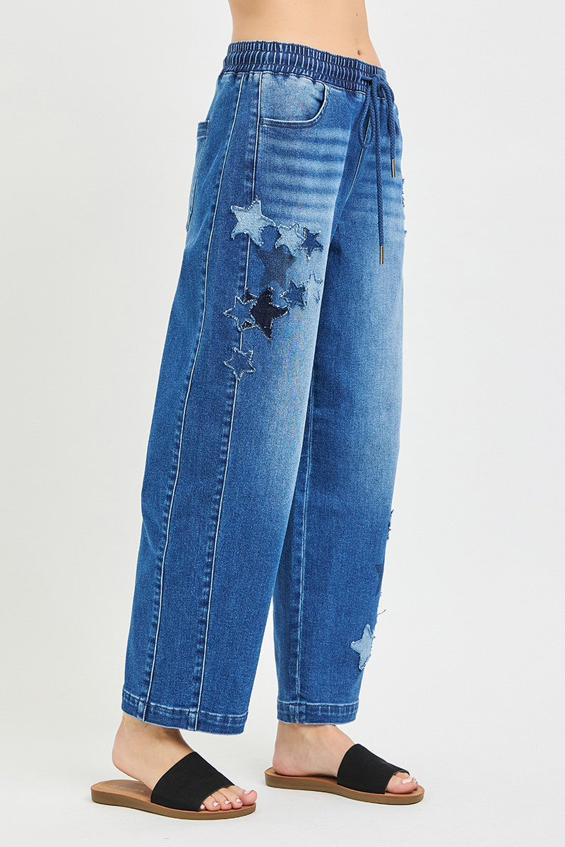 RISEN Elastic Band Slouchy Cropped Barrel with Star Patch by Trendsi