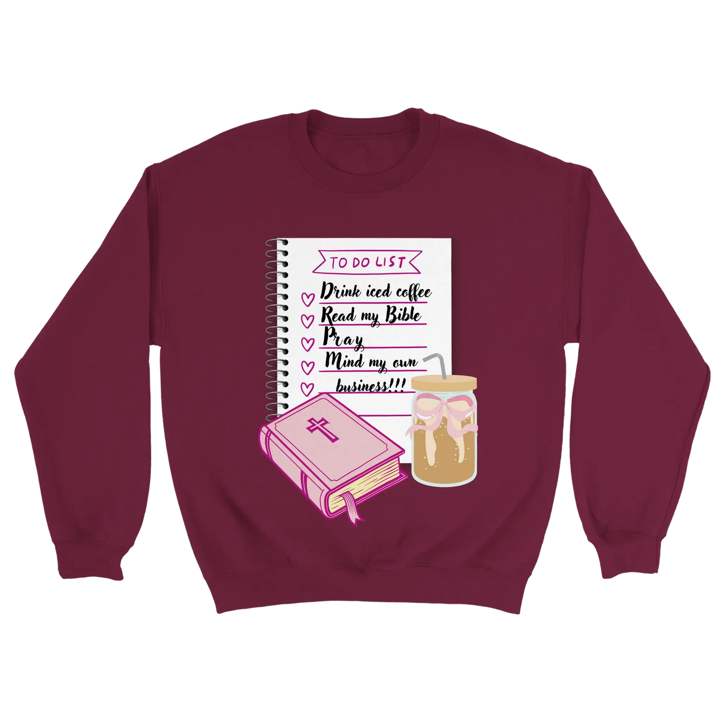 Bible & Iced Coffee Classic Unisex Crewneck Sweatshirt | Gildan® 18000 Maroon by Knitted Grace Boutique