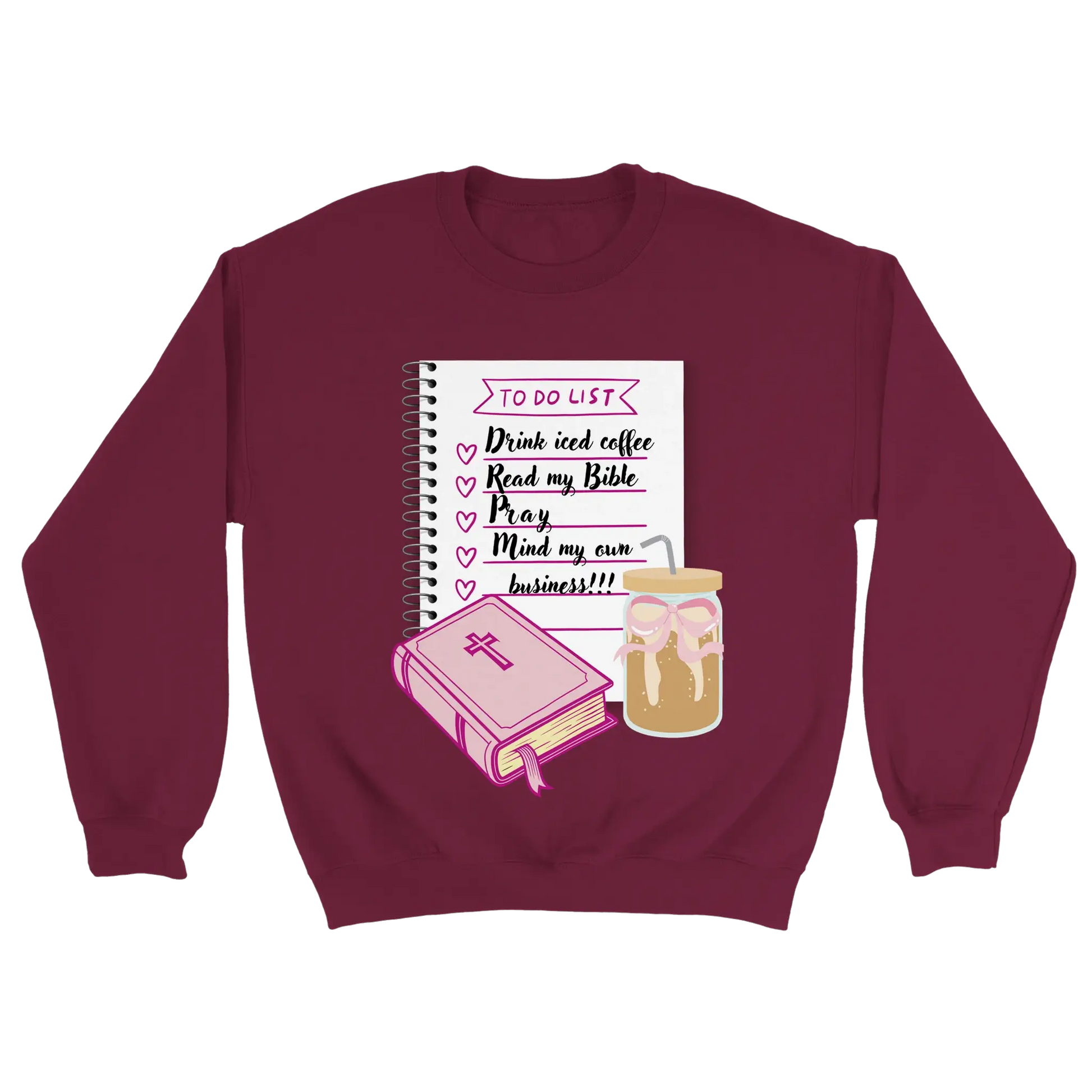 Bible & Iced Coffee Classic Unisex Crewneck Sweatshirt | Gildan® 18000 Maroon by Knitted Grace Boutique