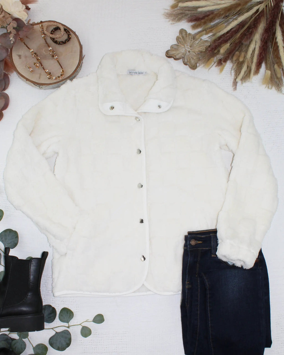 Ivory Checkered Snap Front Pocket Sherpa Fleece Jacket