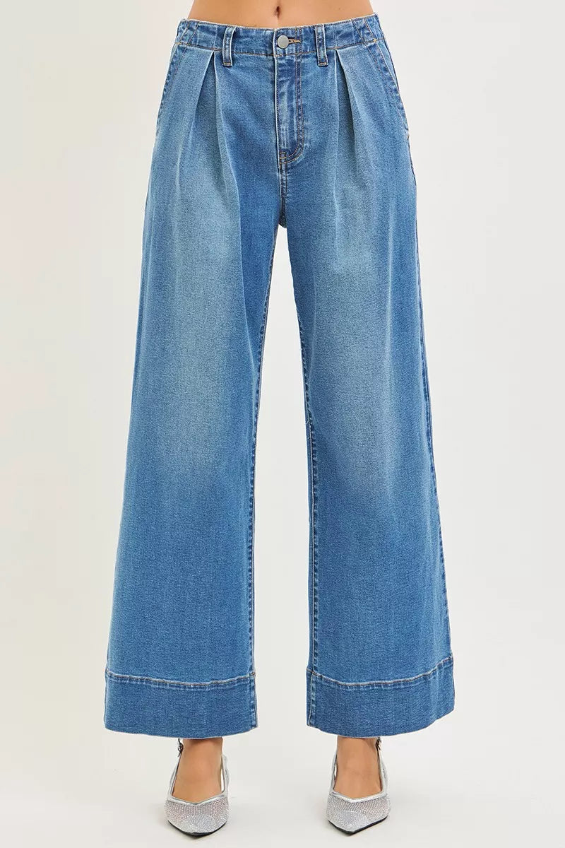 RISEN Slouchy Wide Leg Jeans With Pleats by Trendsi