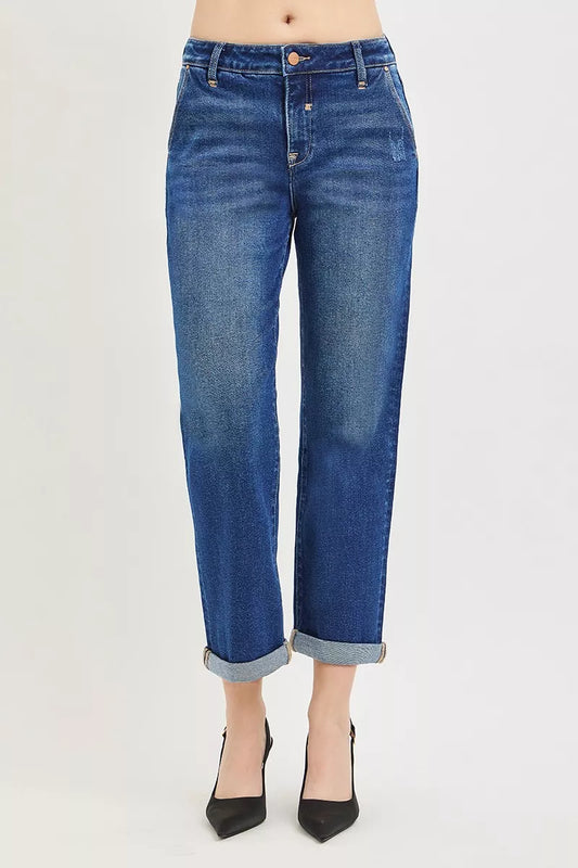 RISEN Slouchy Cropped Boyfriend Jeans with Cuffed Hem by Trendsi