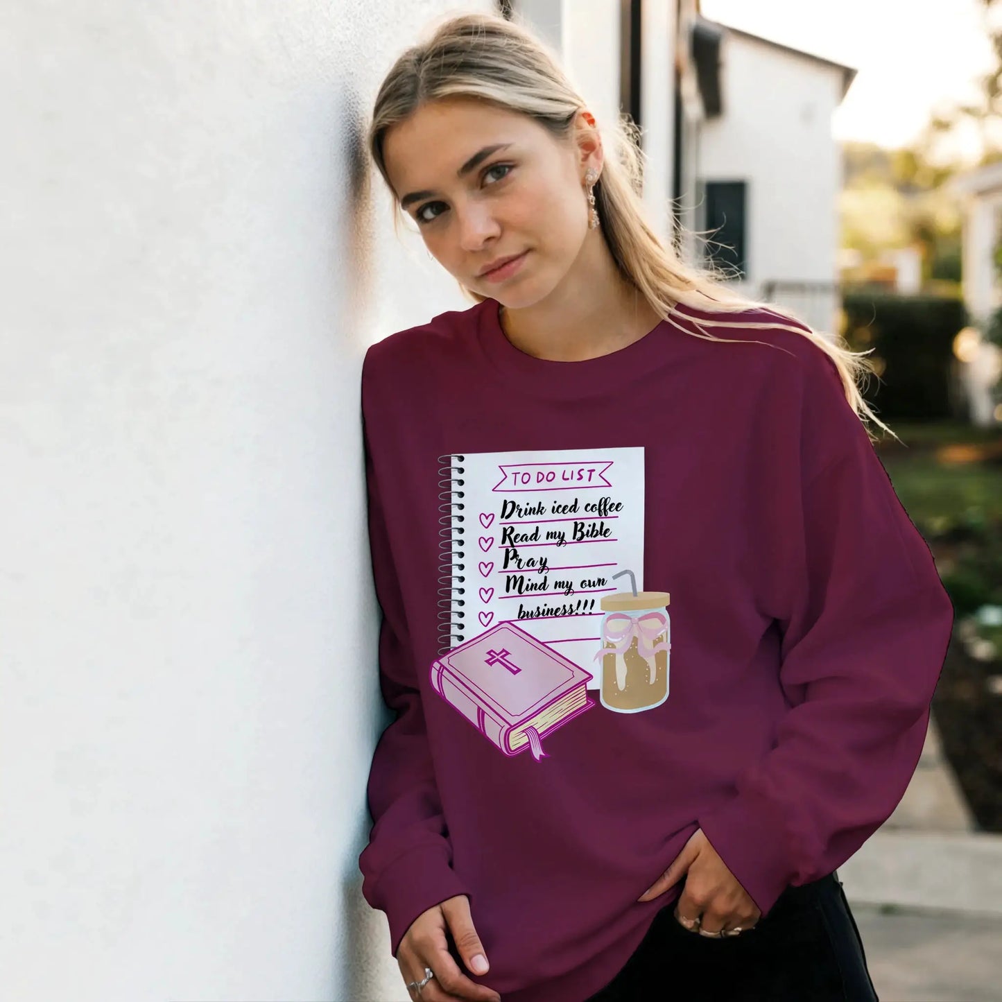 Bible & Iced Coffee Classic Unisex Crewneck Sweatshirt | Gildan® 18000 Maroon by Knitted Grace Boutique