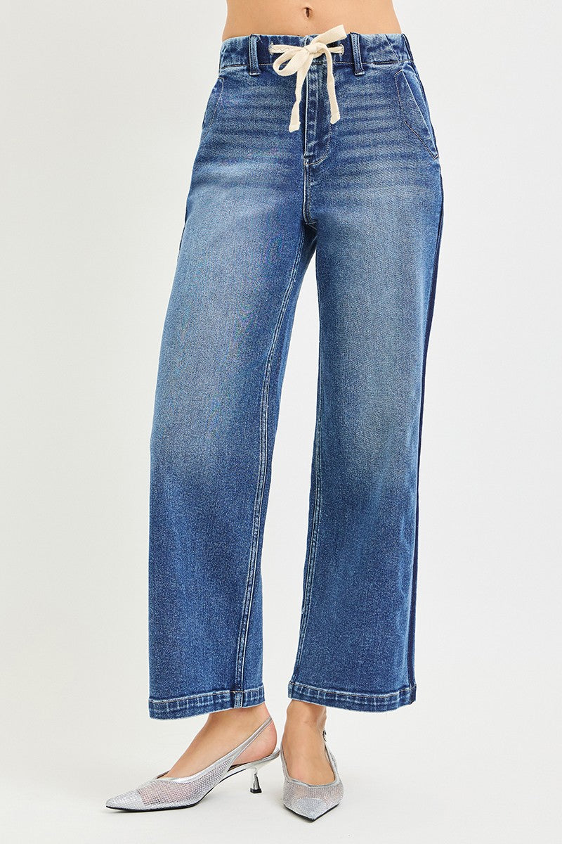 RISEN Elastic Band High Rise Cropped Wide Jeans by Trendsi