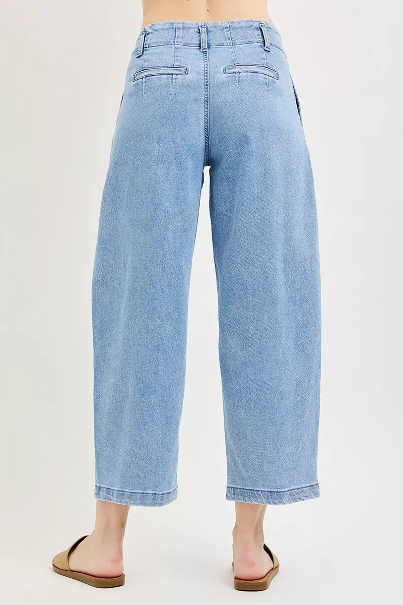 RISEN Slouchy Crop Barrel Pleated Jeans by Trendsi