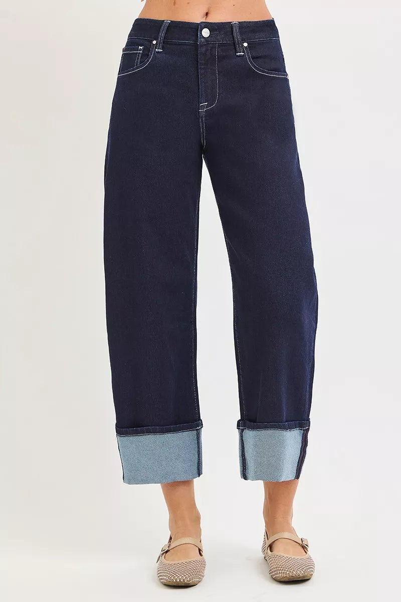 RISEN Slouchy Crop Barrel Cuffed Hem Jeans by Trendsi
