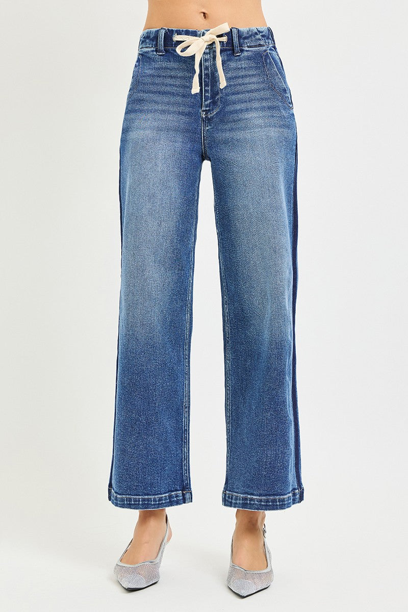 RISEN Elastic Band High Rise Cropped Wide Jeans by Trendsi