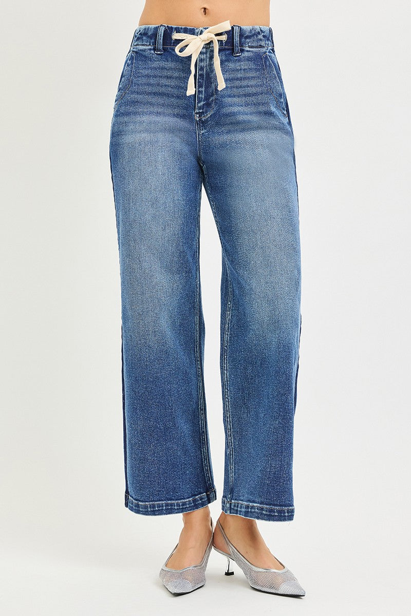 RISEN Elastic Band High Rise Cropped Wide Jeans by Trendsi