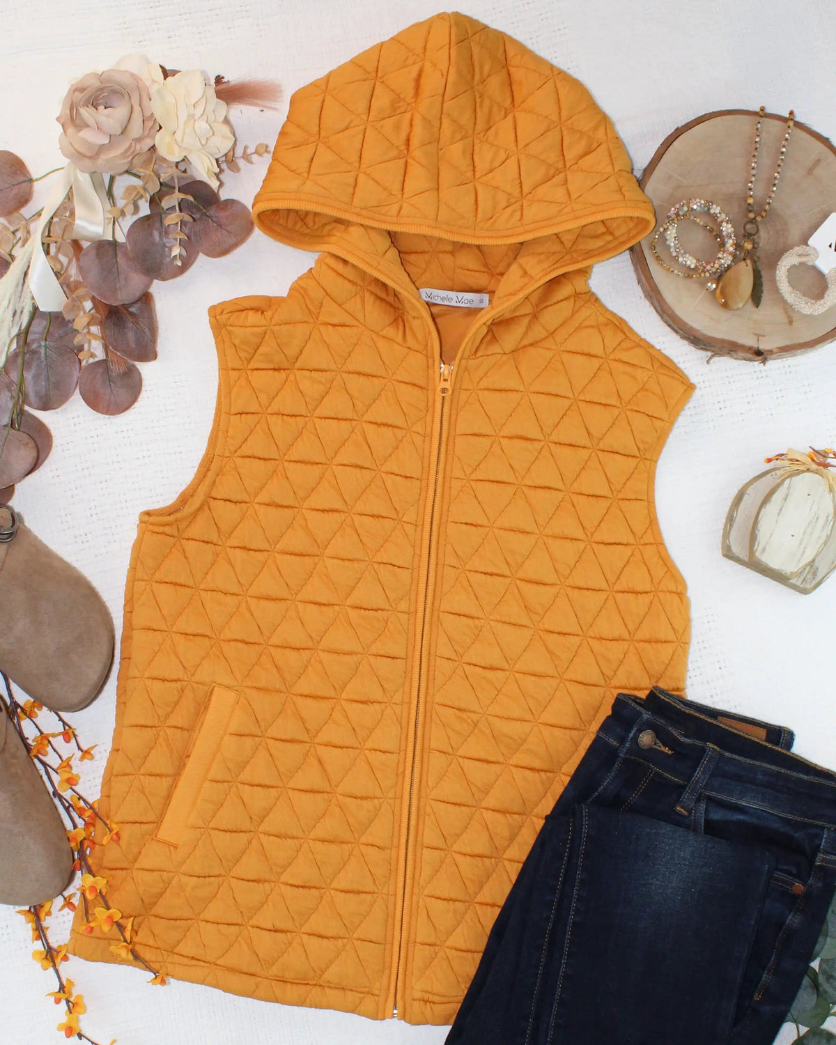 IN STOCK Heather Geometric Hooded Vest - Mustard by Michelle Mae