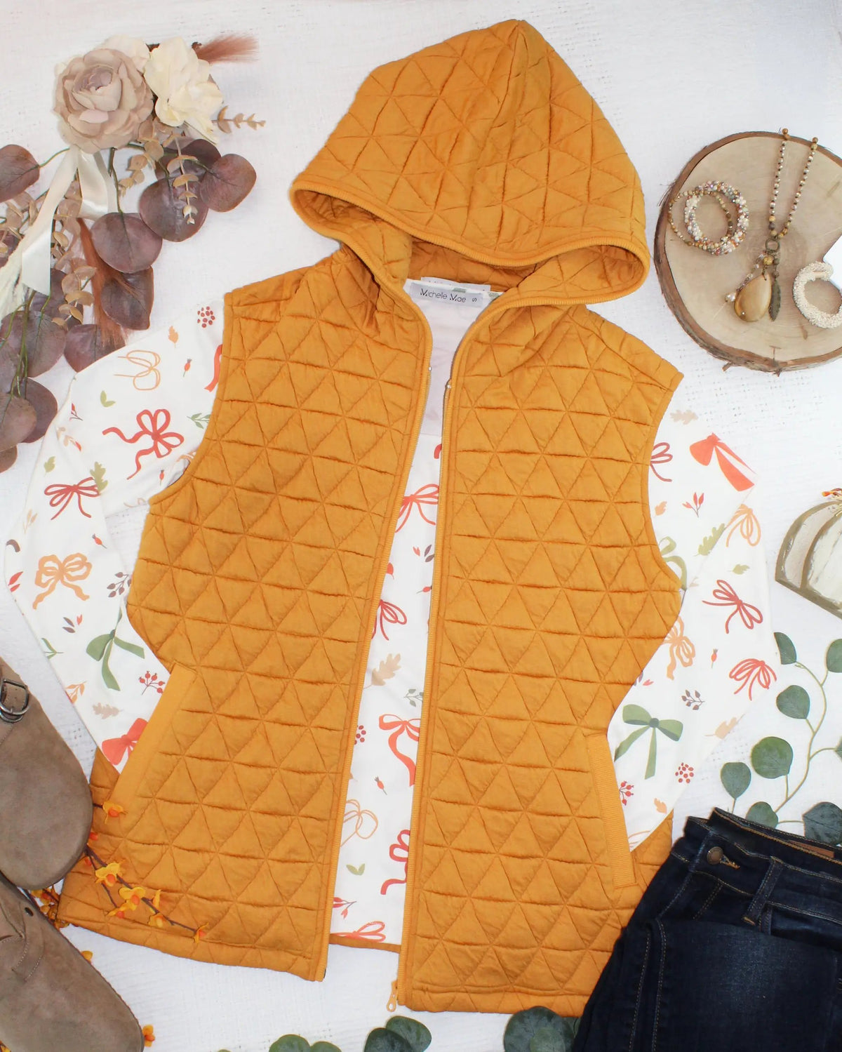 IN STOCK Heather Geometric Hooded Vest - Mustard by Michelle Mae