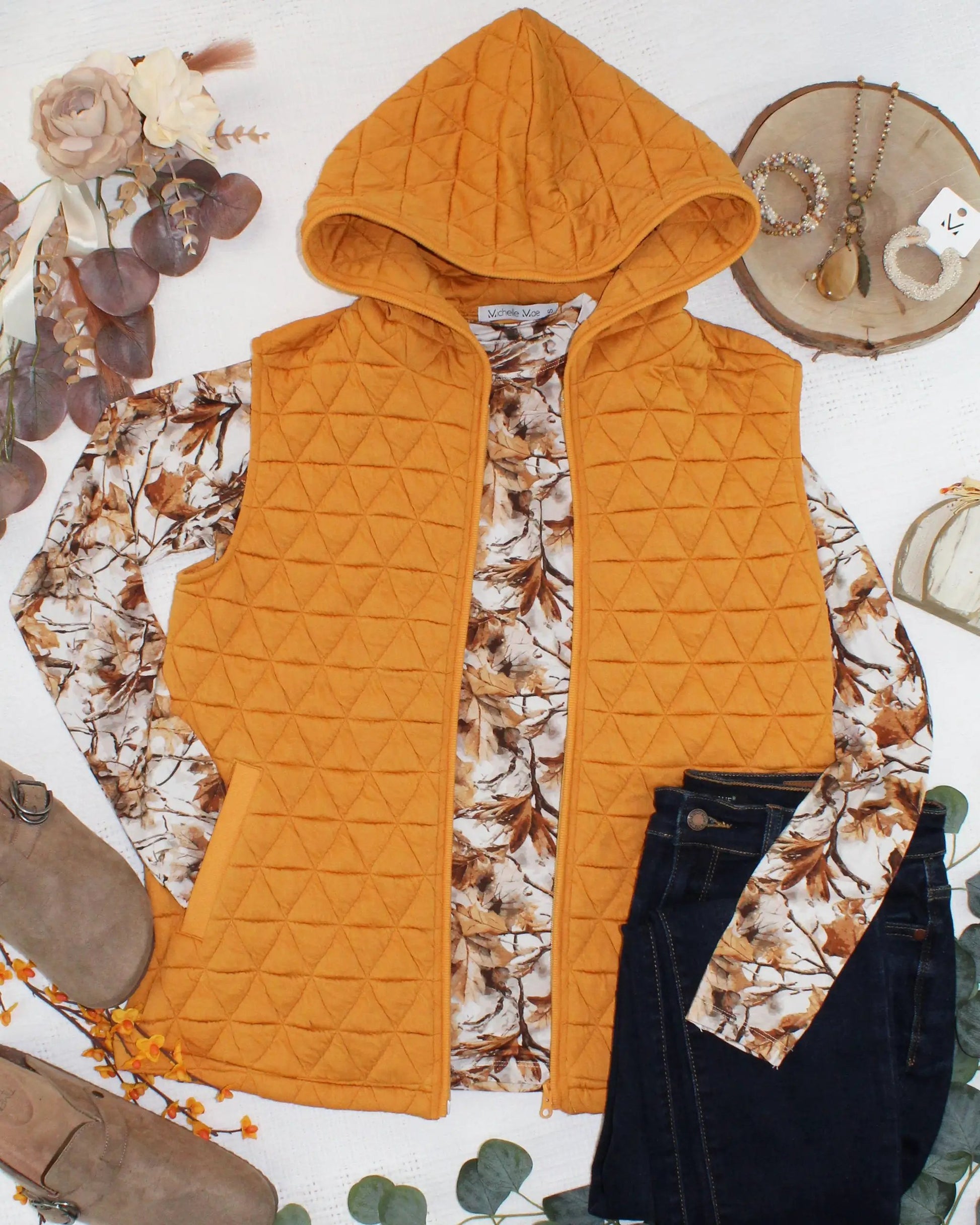 IN STOCK Heather Geometric Hooded Vest - Mustard by Michelle Mae