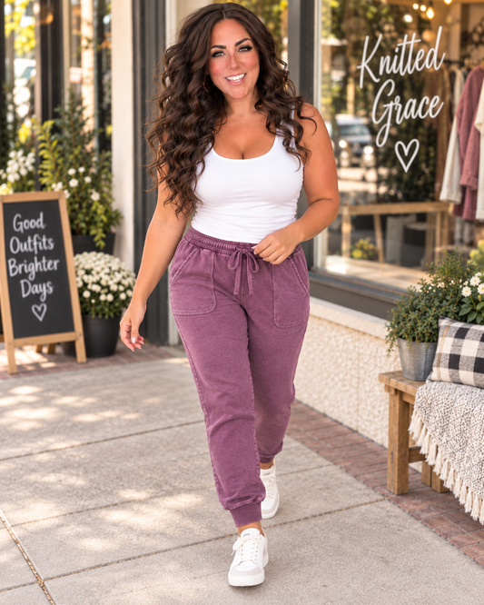 Purple Vintage Wash Joggers Relaxed Fit Adjustable Tie Waist Tapered Cuffs by Michelle Mae